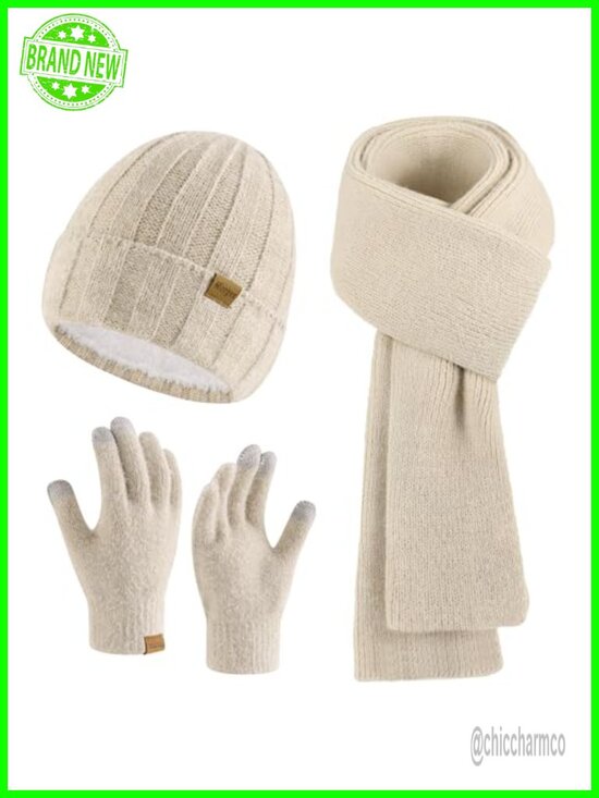 Winter Beanie Hat Scarf Gloves Set Touchscreen Knit Unisex Warm Set